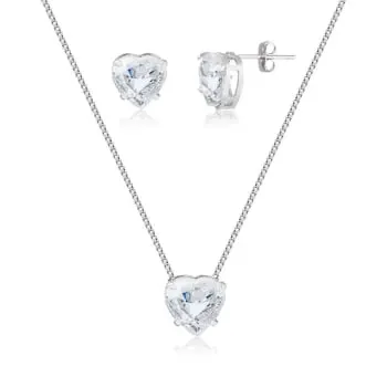 Conjunto Colar e Brinco de Coração com Pedra Zirconia Branca em Prata 925 (0)